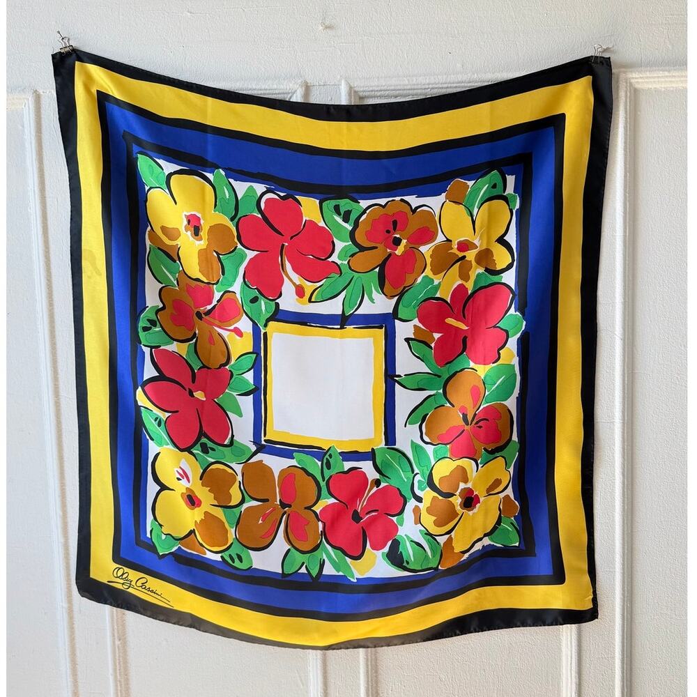 80s Oleg Cassini Floral Silk Scarf Signed Bright Graphic  VTG Primary Color